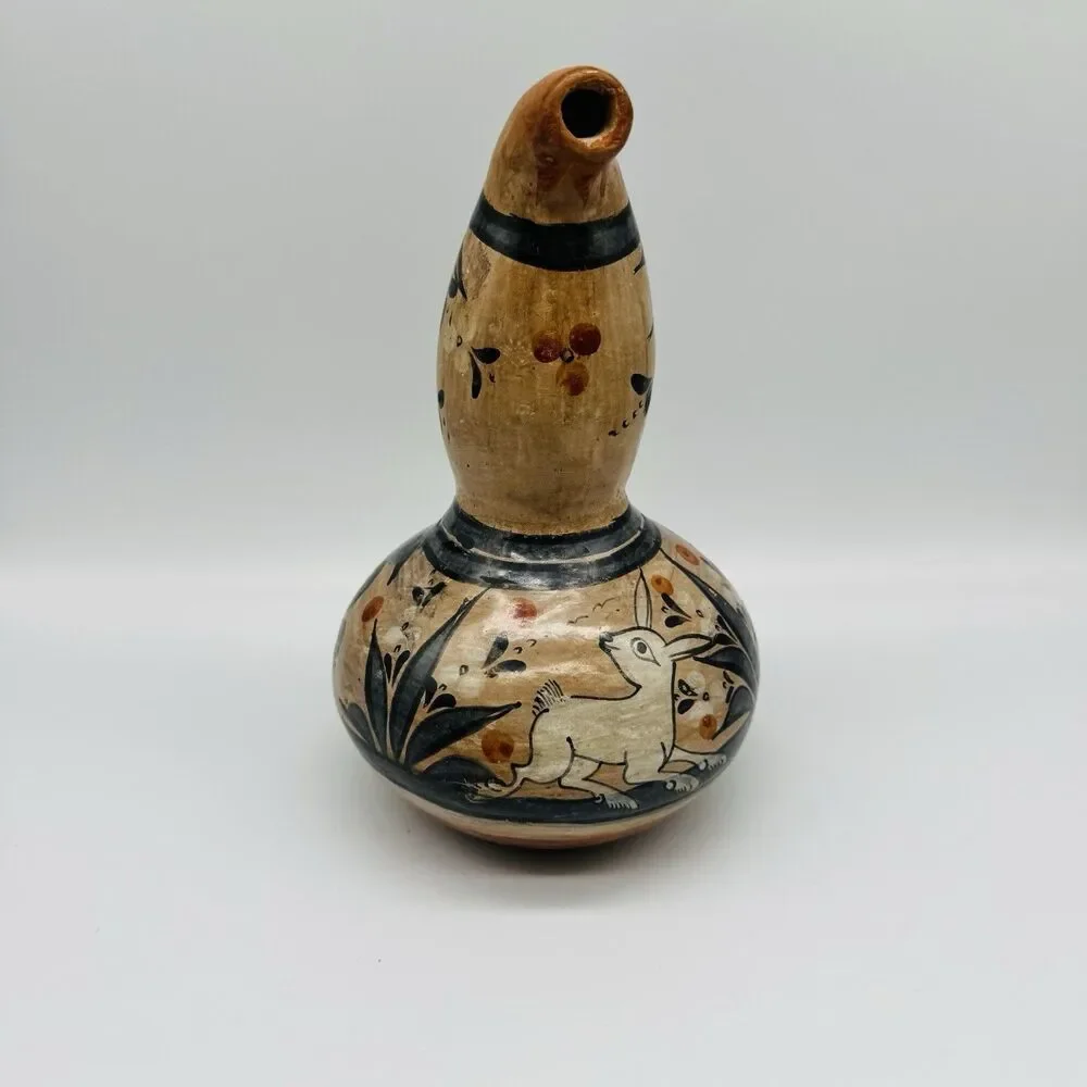 Vintage Tonala Mexican Folk Art Pottery Gourd Water Jug Burnished Clay Rabbit